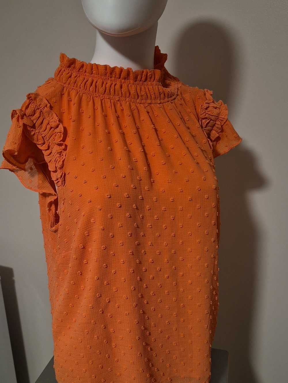 CeCe Orange Swiss Dot Smocked Neck Flutter Sleeve Blouse